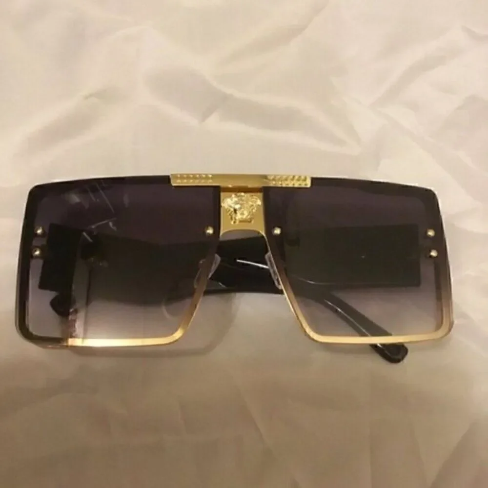 Gray Sports Sunglasses Grey Rivet Metal Frame Large Square Gold Frame